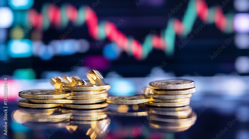 Poster Stacks of bright gold cryptocurrency coins with financial market graphs in the background depicting growth : Generative AI