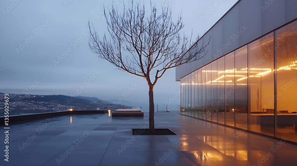 Poster modern architecture meets nature at twilight in serene coastal landscape : generative ai