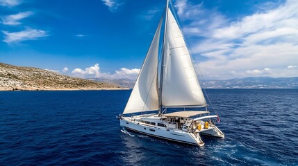 Obraz premium Elegant sailing boat cruising in crystal clear blue waters under a sunny sky : Generative AI