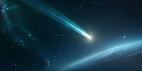A comet with a bright cold tail flies near the surface of the planet. Deep Space Landscape