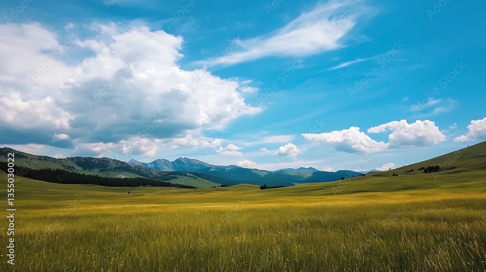 Poster expansive green meadow under a bright blue sky filled with fluffy white clouds in a rural setting : 