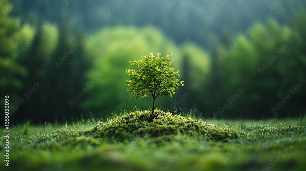 Poster lone green tree standing on a thicket surrounded by dense forest and lush foliage : generative ai