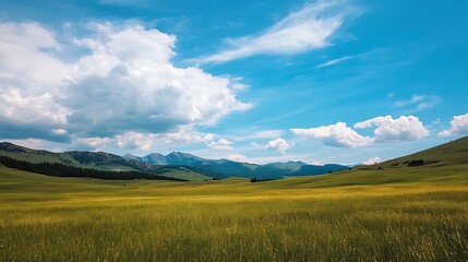 Obraz premium Expansive green meadow under a bright blue sky filled with fluffy white clouds in a rural setting : Generative AI