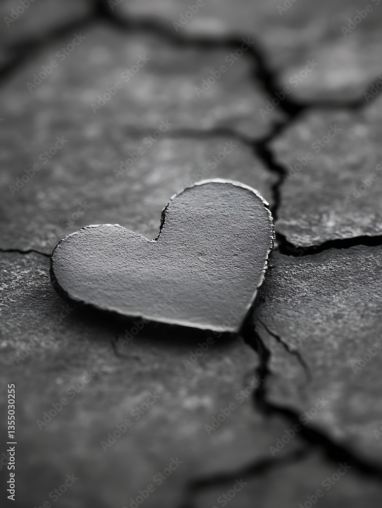 Poster A textured gray heart shape resting on cracked gray surface representing love and resilience : Generative AI
