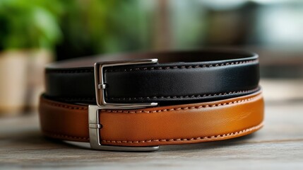 A fashionable display of a black leather belt resting over a brown one, showcasing their quality and design, ideal for completing any outfit with a touch of elegance and style.