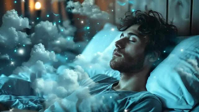Peaceful man sleeping in bed with dreamlike clouds and a serene atmosphere