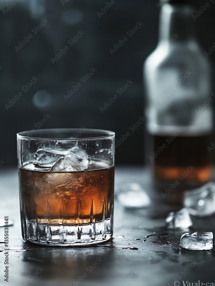 Poster refreshing glass of whiskey with ice cubes on dark background showing premium quality beverage : gen