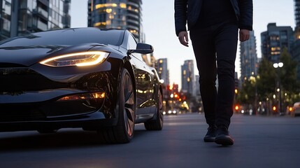 Modern Urban Scene Featuring Man Walking Beside Sleek Black Car in City Lights : Generative AI