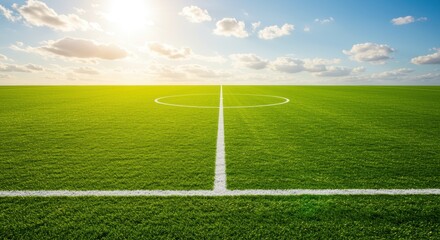 A vibrant green soccer field under a clear blue sky with fluffy clouds, featuring well-maintained grass and marked lines, perfect for games and practice.