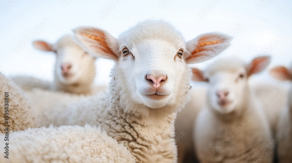 Poster Closeup image of cheerful sheep in a herd showcasing fluffy fleece and friendly expression : Generative AI