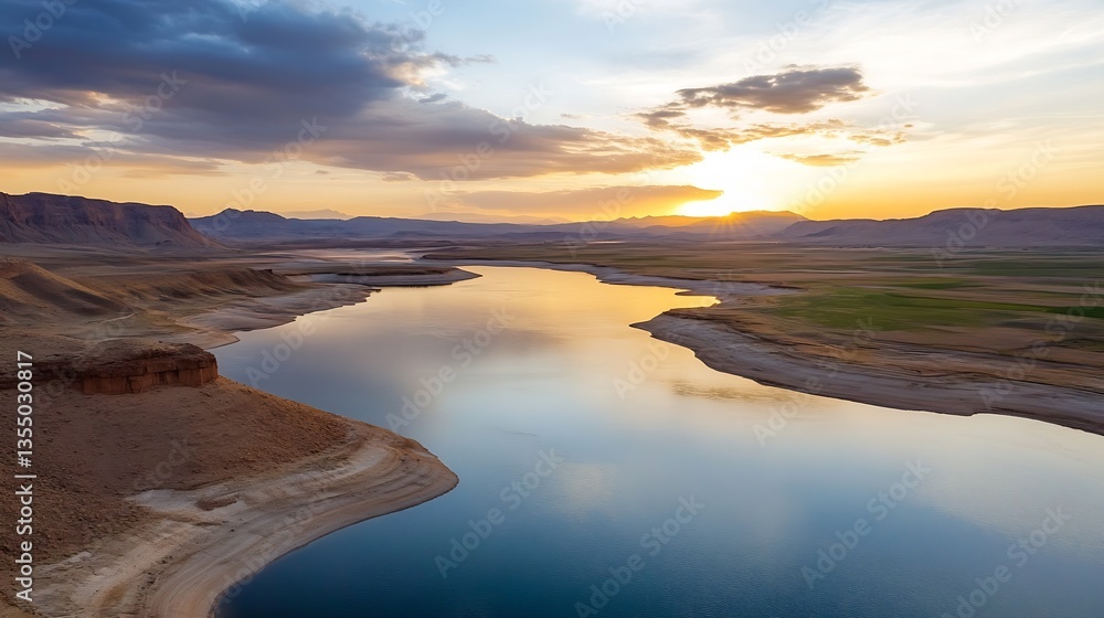 Poster tranquil scene of a calm river at sunset with soft colors and smooth water reflecting the sky and la