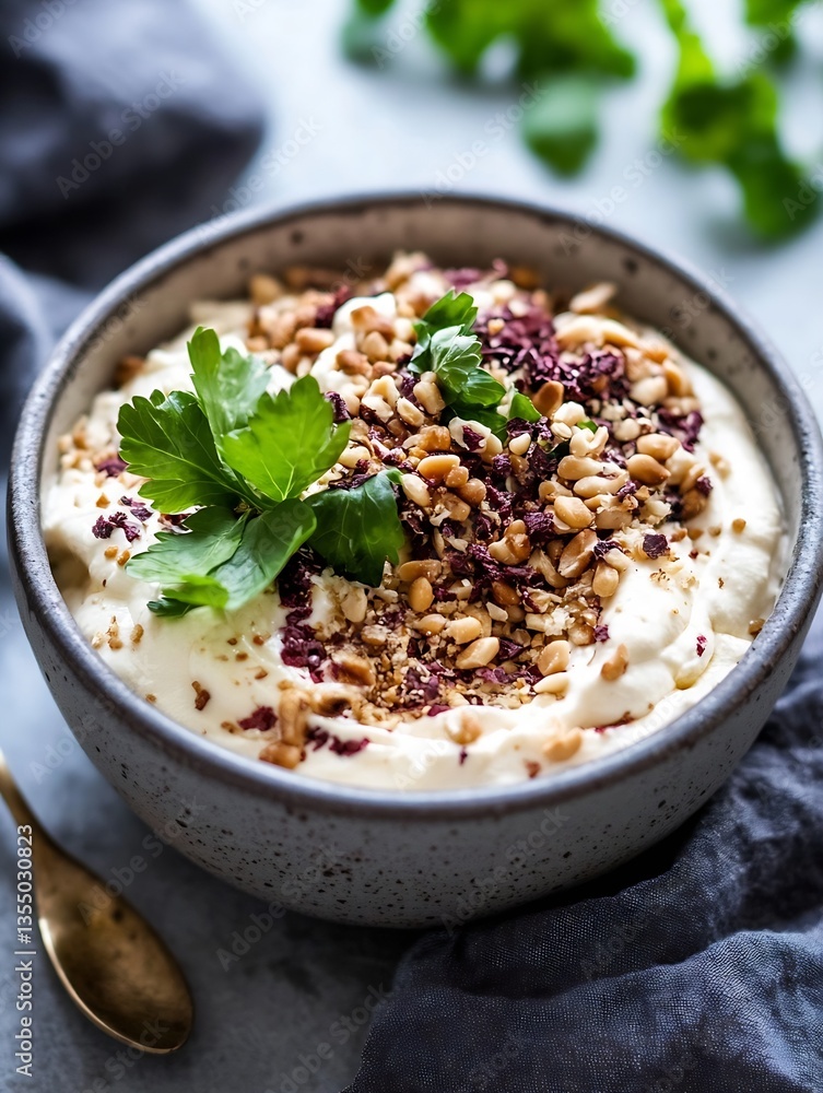 Aufkleber delicious creamy yogurt topped with nuts and herbs served in a rustic bowl for a healthy snack : gen