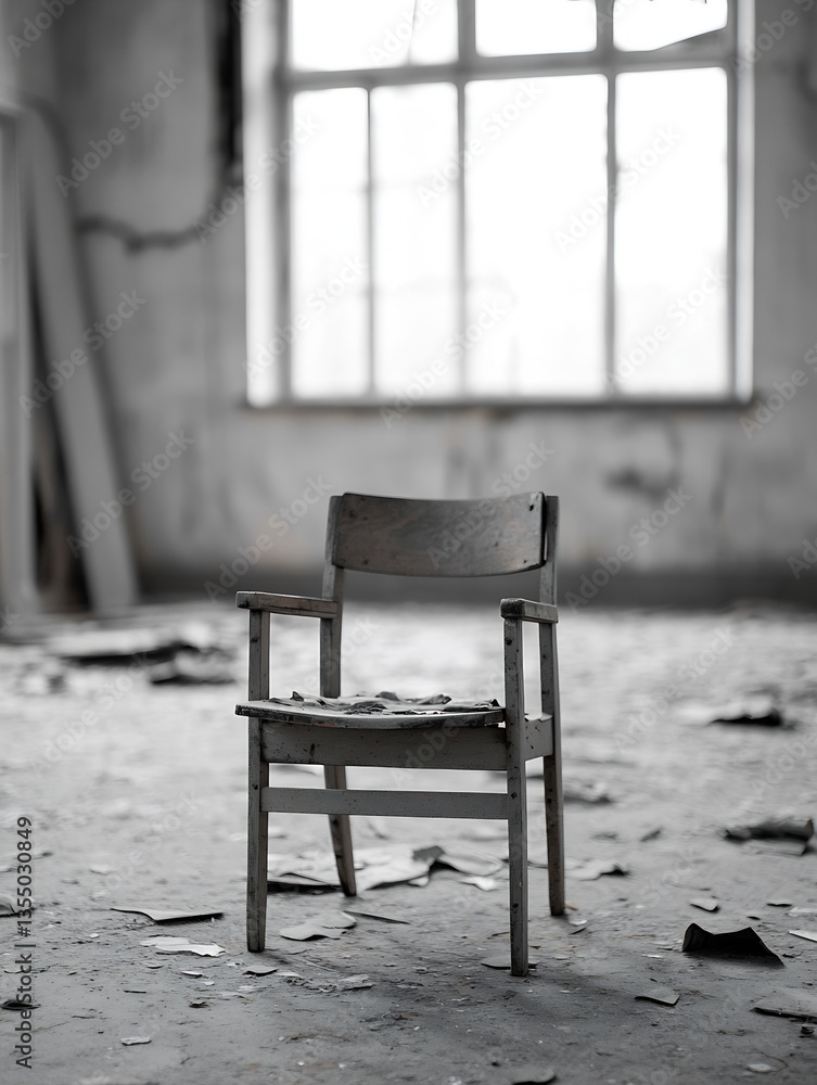 Poster lonely and weathered wooden chair positioned in an abandoned room illuminated by natural light throu