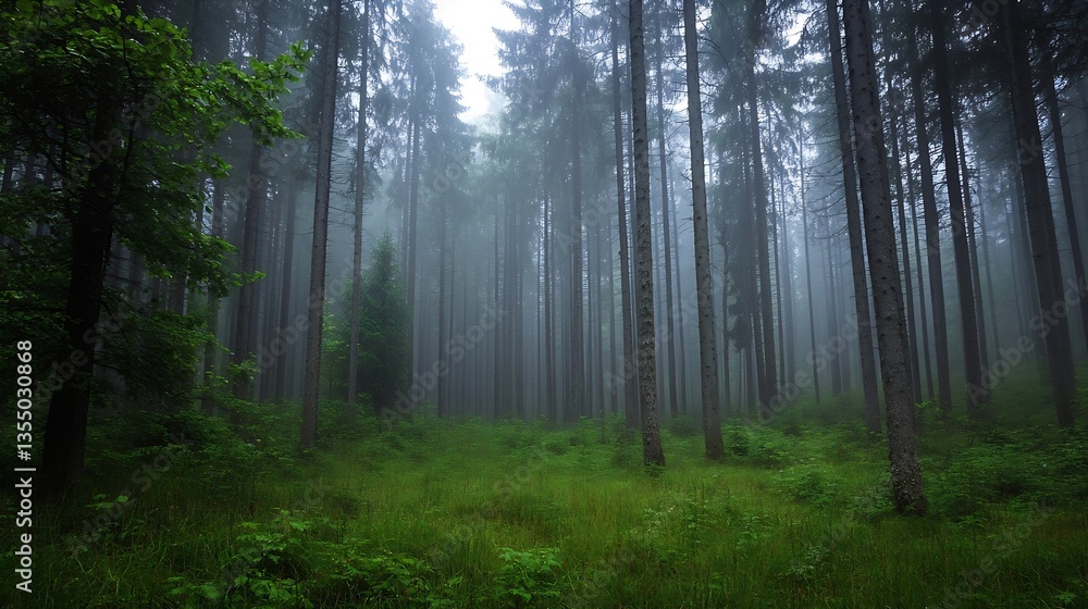 Poster Dense fog enveloping a serene forest scene with tall trees and lush undergrowth : Generative AI