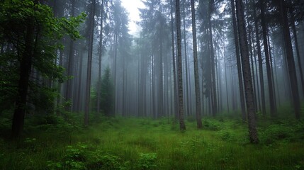 Fototapeta premium Dense fog enveloping a serene forest scene with tall trees and lush undergrowth : Generative AI