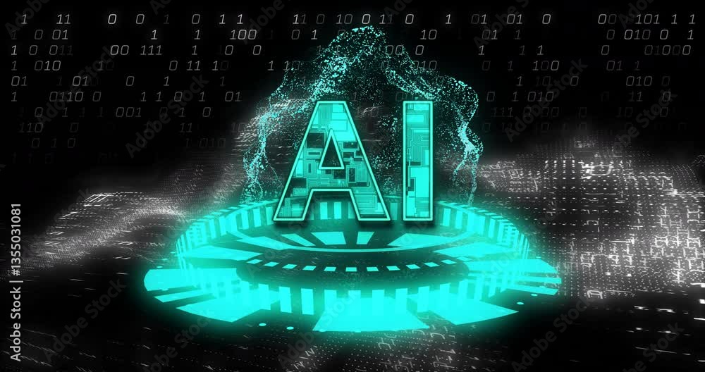 Poster glowing ai text with digital binary code and animation of futuristic circuits