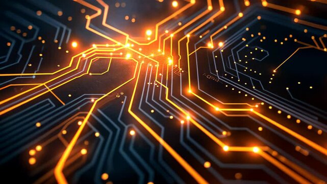 Glowing orange lights on electronic circuit board pathways. High-resolution digital artwork. Technology and computing concept. 8k Wallpaper High-resolution digital art.