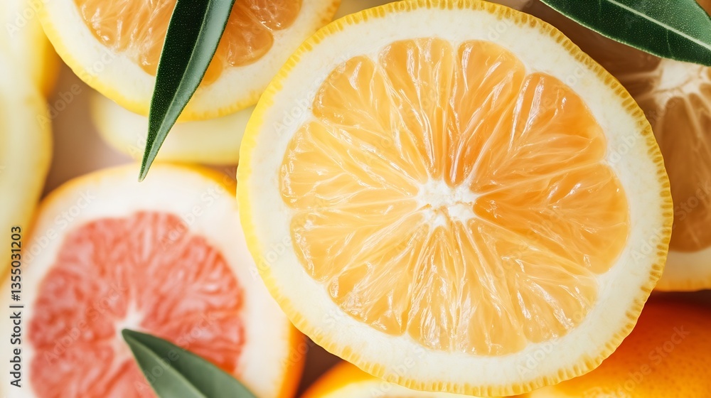 Aufkleber Fresh citrus fruits including lemons and grapefruits sliced to showcase their juicy pulp and vibrant color : Generative AI