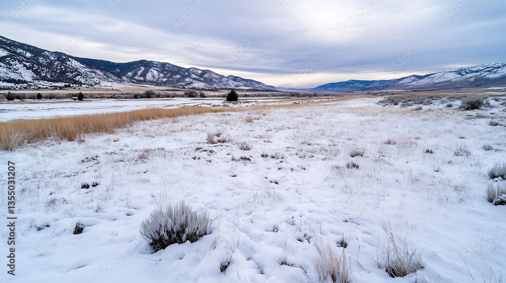 Poster vast winter landscape with snowcovered field and mountains under overcast sky : generative ai