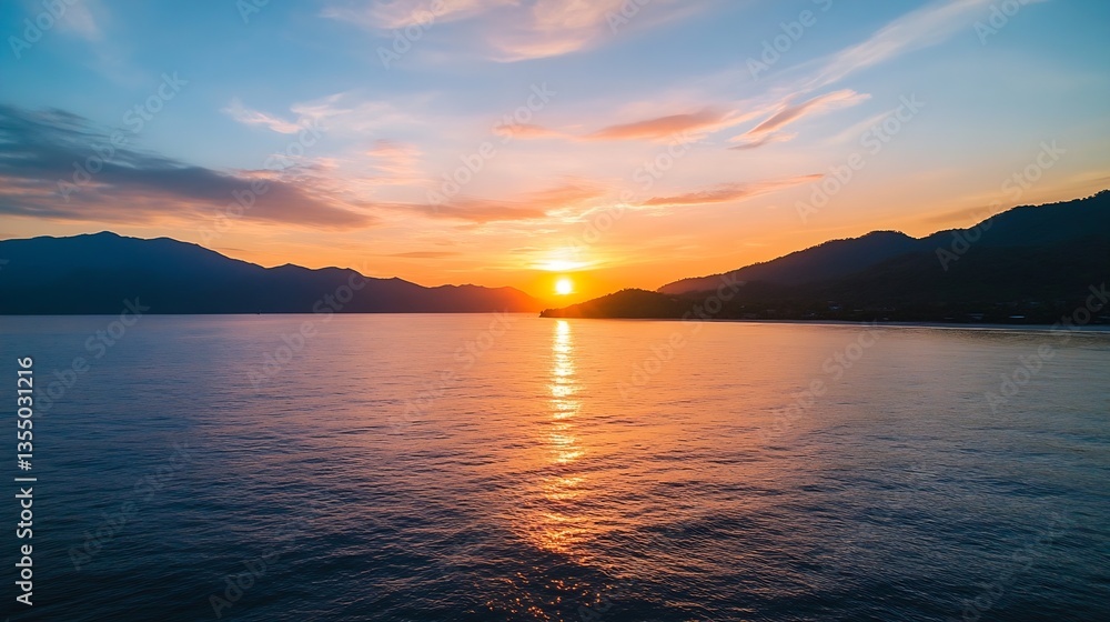 Poster breathtaking sunset view over tranquil water with mountains in the background reflecting warm colors
