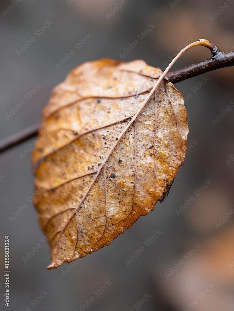 Aufkleber closeup view of a dry autumn leaf hanging from a thin branch : generative ai