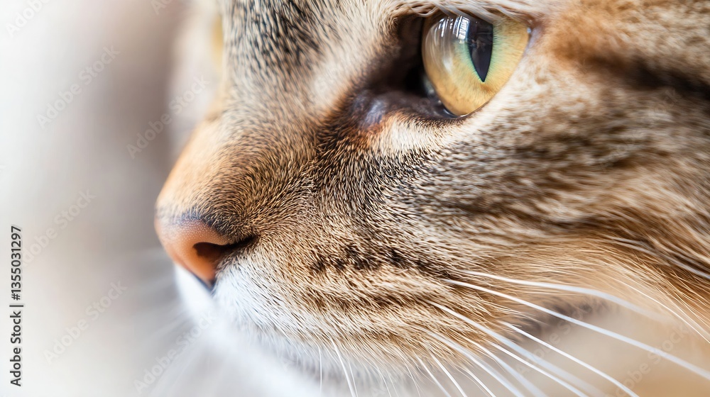 Poster Close up of a cat's face showcasing the whiskers and sharp green eyes in soft focus : Generative AI