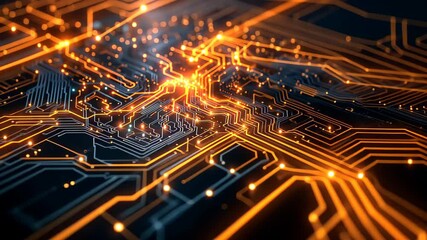 Glowing orange lights on electronic circuit board pathways. High-resolution digital artwork. Technology and computing concept. 8k Wallpaper High-resolution digital art. - Powered by Adobe