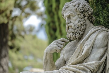 Contemplative man statue in toga resting hand on face in serene garden setting, capturing a philosophical, thoughtful mood.