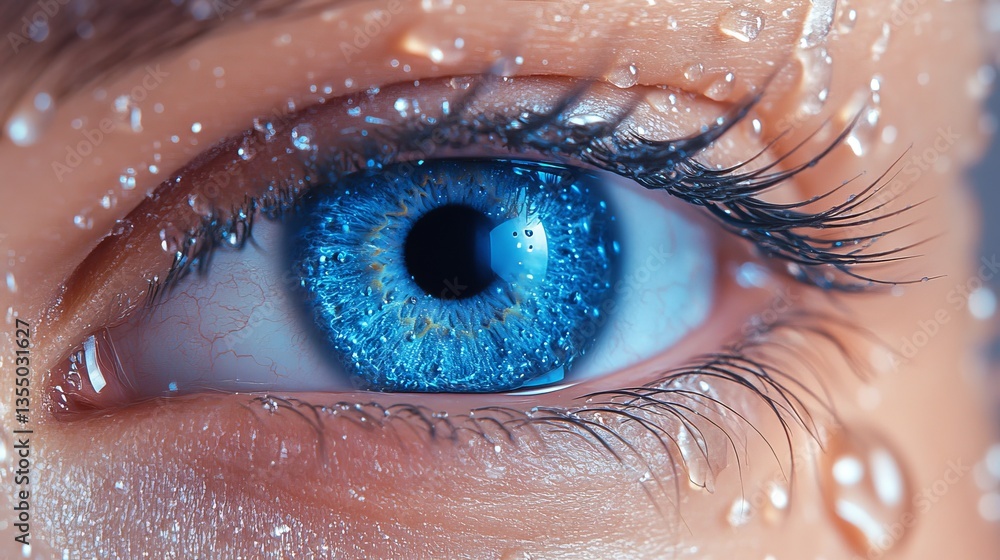 Poster extreme close-up of a vibrant blue eye with water droplets on lashes and skin, capturing intricate d