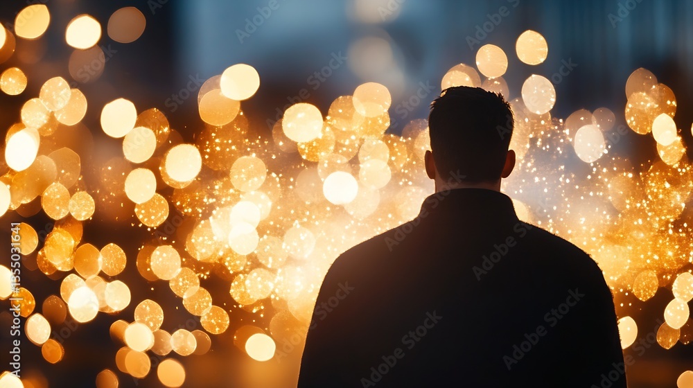 Leinwandbilder silhouette of a man against a background of glowing bokeh lights creating a dreamy atmosphere : gene