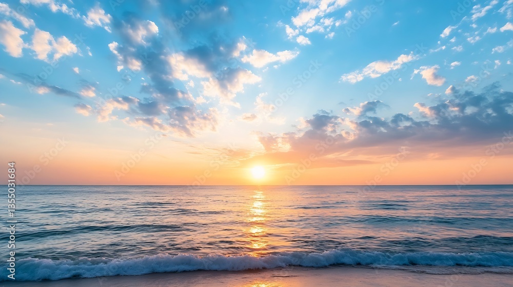 Aufkleber Stunning sunset over a calm ocean with waves and clouds creating a dramatic sky : Generative AI