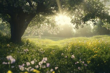Obraz premium Sunlight Streaming Through Blooming Tree Over a Wildflower Meadow at Golden Hour