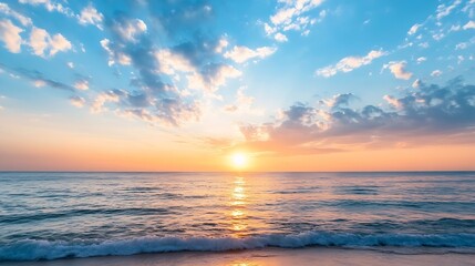 Obraz premium Stunning sunset over a calm ocean with waves and clouds creating a dramatic sky : Generative AI