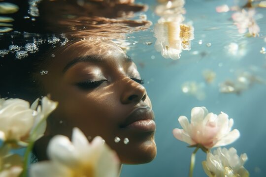 Serene Black Woman Submerged Underwater with Flowers, Eyes Closed, Natural Light, Dreamlike, Peaceful, Contemplative