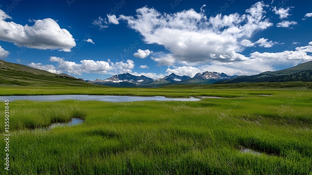 Poster vast green fields with mountains in the background under a dramatic cloudy sky : generative ai