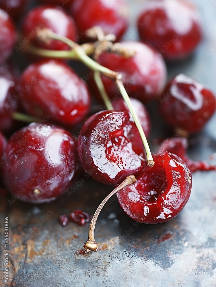Aufkleber closeup of glossy cherries arranged on metallic surface highlighting their luscious texture and colo