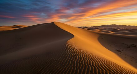 Majestic Desert Dunes at Sunset Golden Sands Dramatic Sky Textured Landscape