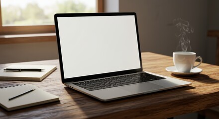 Fototapeta premium A sleek laptop with a blank screen sits on a wooden table, alongside a steaming cup of coffee, notebooks, and a pen, ideal for remote work and creative inspiration.
