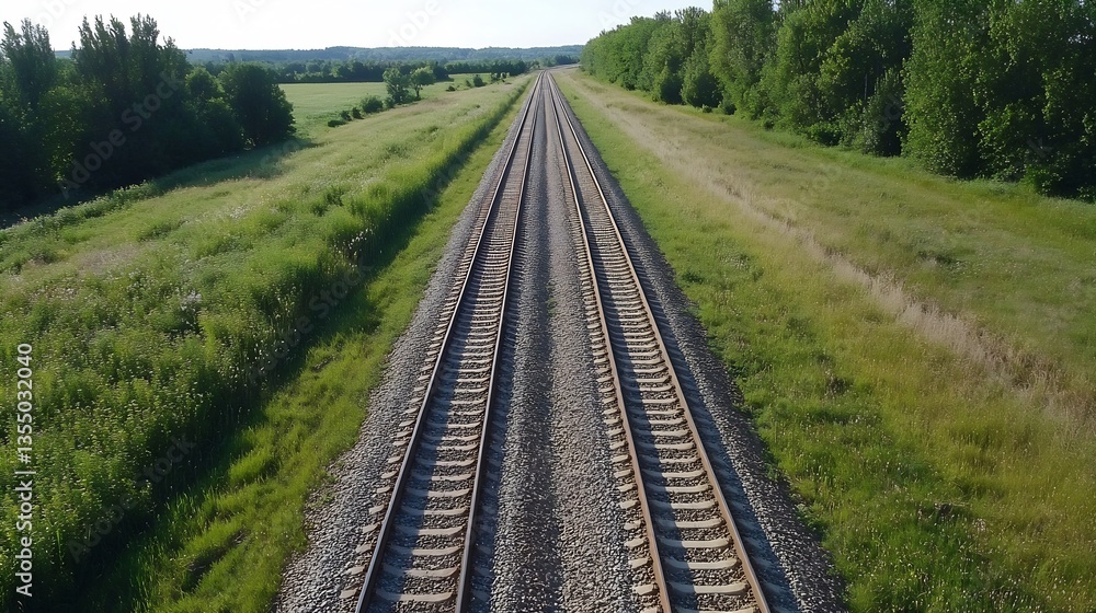 Poster aerial view of a serene railway track surrounded by lush greenery under a clear blue sky : generativ