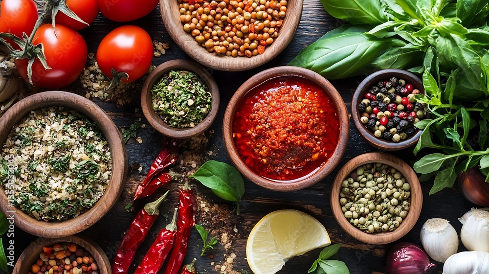 Aufkleber variety of fresh spices and herbs arranged in bowls with tomatoes for a vibrant culinary display : g