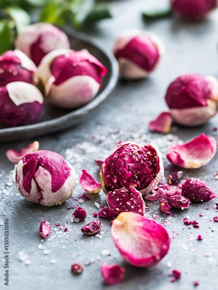 Aufkleber artistic arrangement of pink rose buds and petals scattered on a textured surface creating an elegan