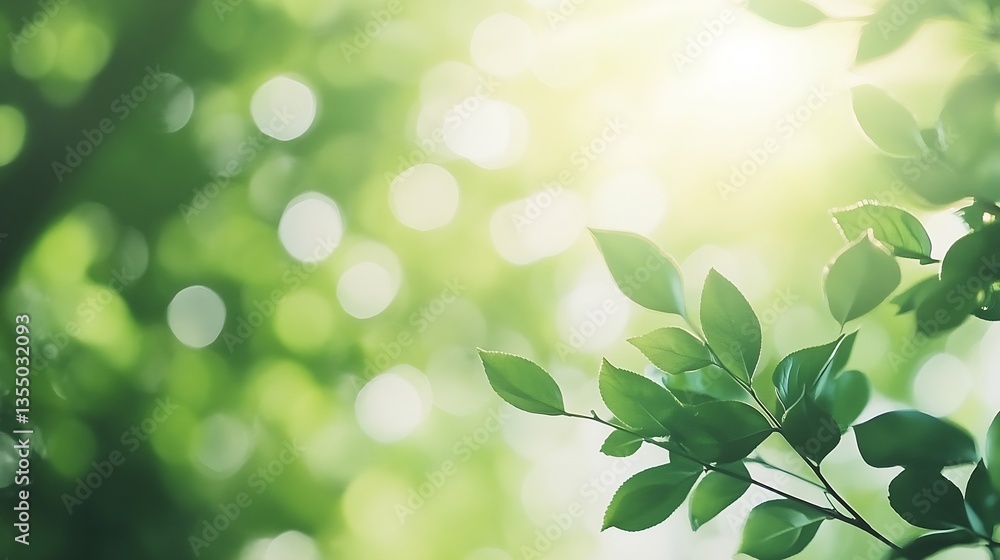 Poster soft focus on lush green leaves bathed in golden sunlight creating a dreamy atmosphere : generative 