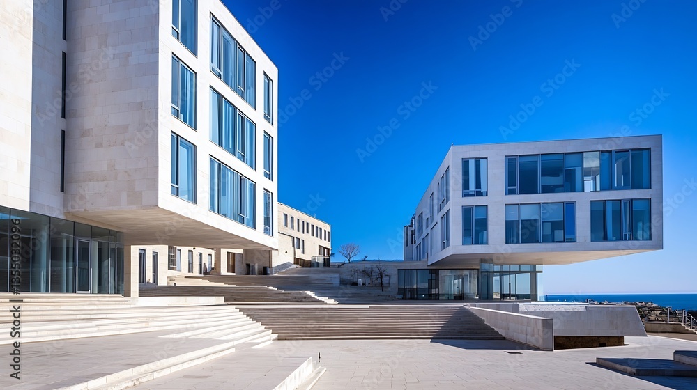 Poster modern architecture showcasing sleek buildings against a vibrant blue sky in a coastal urban setting