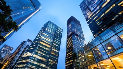 Fototapeta premium City Skyline at Dusk with Modern Glass Skyscrapers Illuminated in Urban Environment : Generative AI