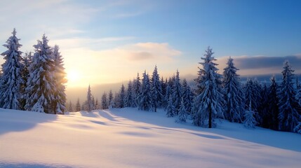 Naklejka premium Stunning view of a snowy landscape at sunset with tall evergreen trees and soft glowing light : Generative AI