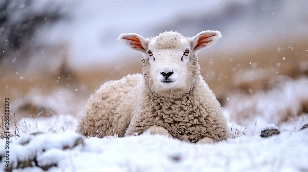 Poster closeup of a cute fluffy sheep lying in snowcovered grass with a serene expression in a winter lands