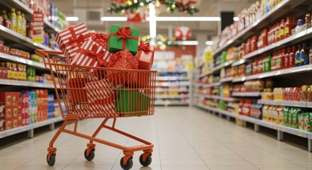 A vibrant shopping cart filled with colorful Christmas gifts sits in a grocery store aisle, creating a joyful holiday shopping atmosphere perfect for seasonal promotions.