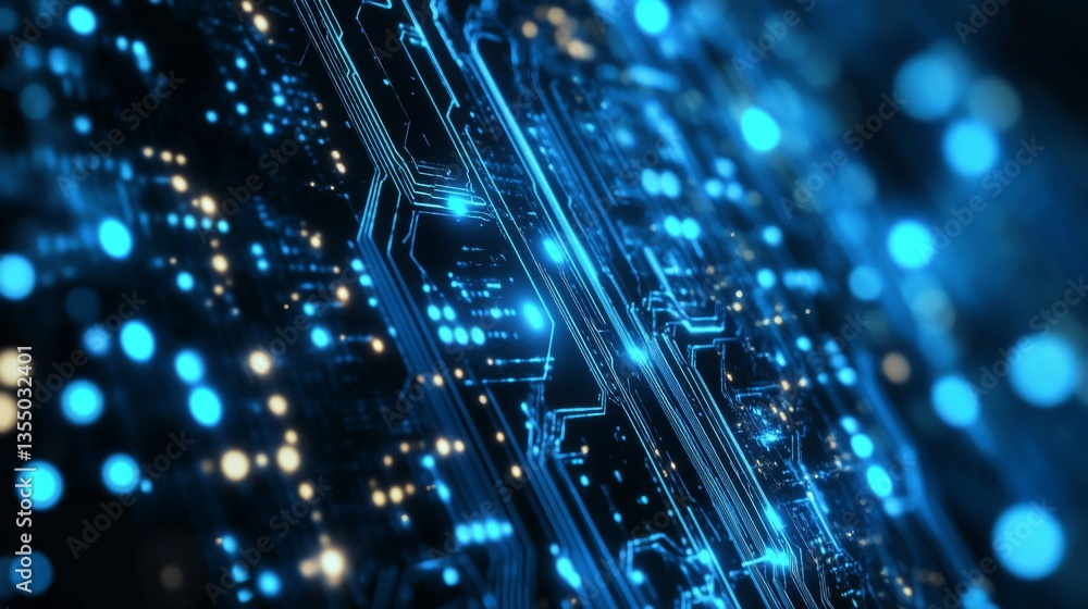 Poster a detailed view of a futuristic circuit board, illuminated by glowing blue lights. this image convey