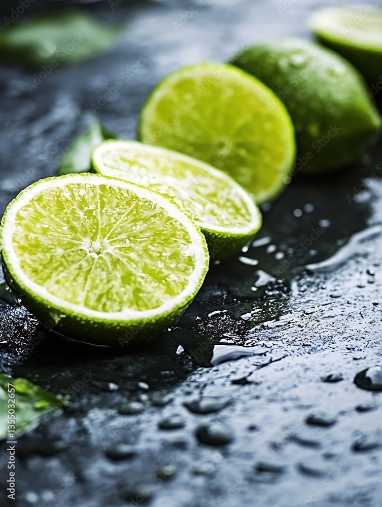 Poster Freshly cut lime halves on a dark background with droplets highlighting their juicy texture : Generative AI