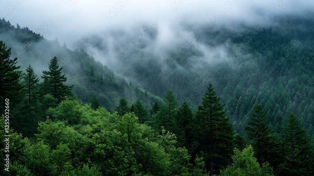 Poster dramatic misty landscape of lush green mountains shrouded in fog creating a tranquil and serene atmo